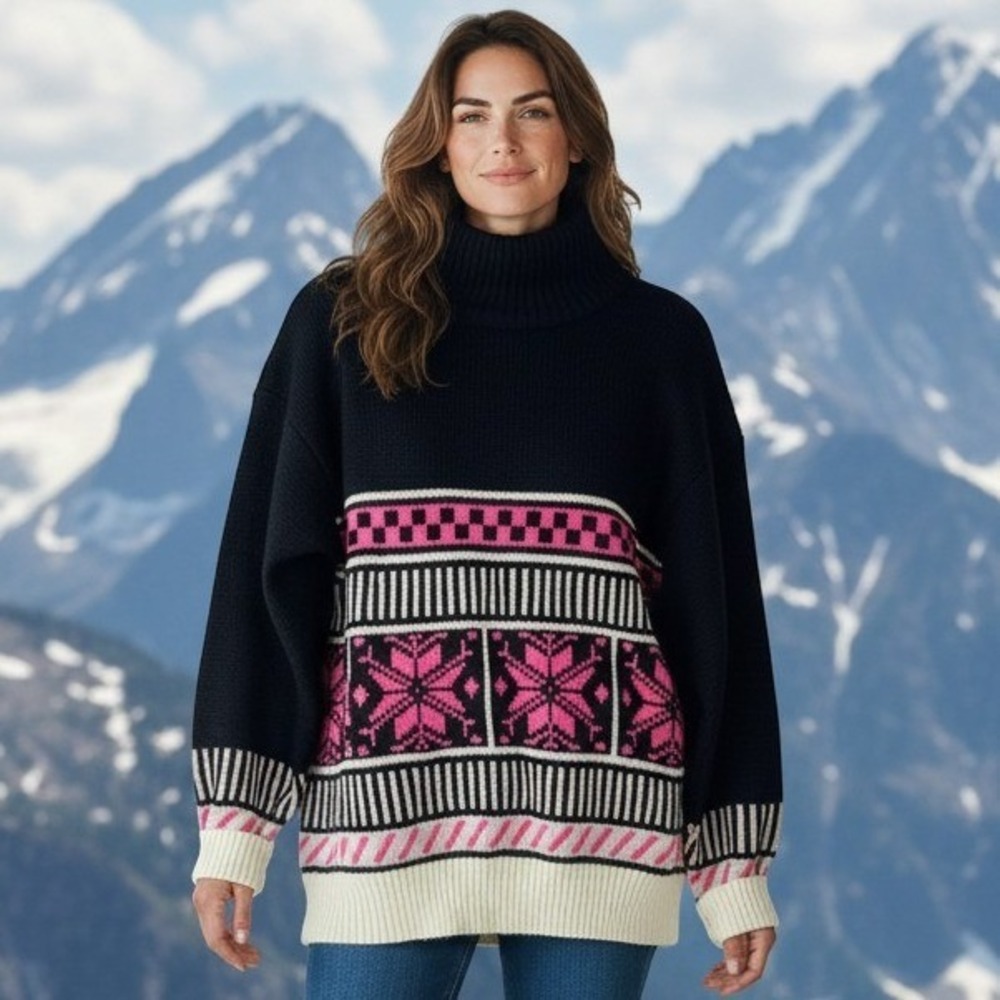 NEW VTG Profile Skiwear Sweater Womens Medium Wool Blend Pink Black Mock Neck